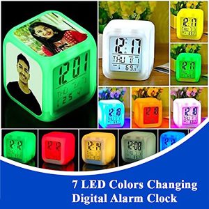 Giftboxwale - Personlized Photo Alarm Clock Digital | LED Multicolor Bedtime Tabletop Clock | Auto cutoff Light | 8 Cm x 8 Cm | Date, Temperature, Time | Battery Operated