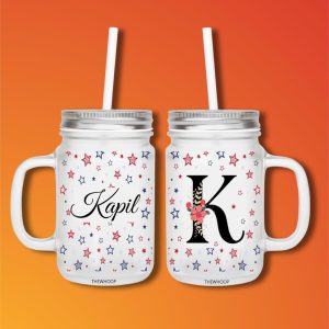 Giftboxwale- Customized Frosted Mason Juice Jar Personalized Glass Jars with straw with handle Best Gift For Birthday, Anniversary (450ml)